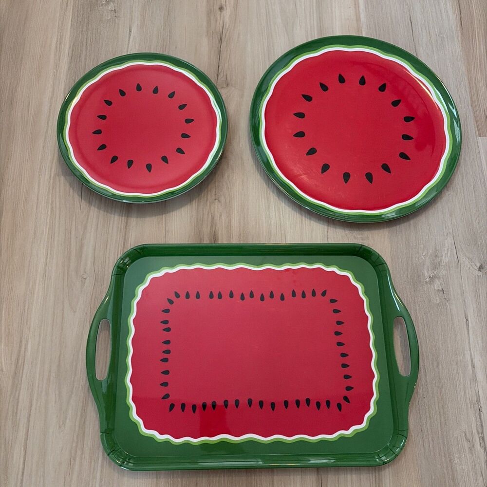 Watermelon Plates Set of 4 Serving Tray W/ Handles Large Serving Plate Melamine